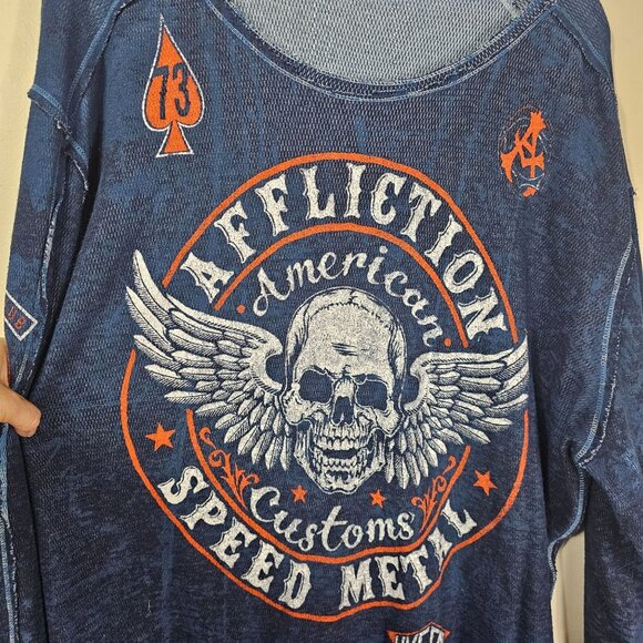 Affliction Mens Y2K Reversible Thermal Shirt Sz XXXL Waffle Knit Skull Bikercore - Picture 3 of 12